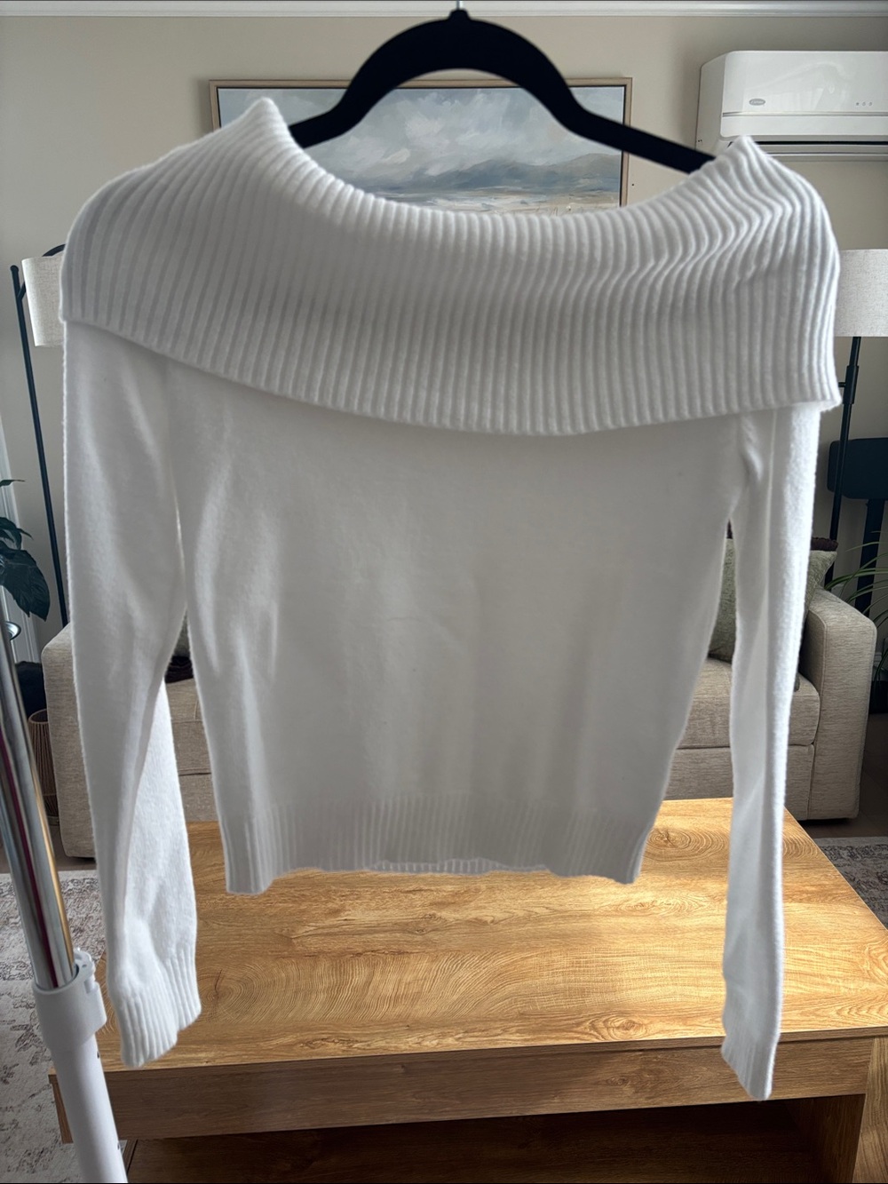 White Off-Shoulder Ribbed Foldover Sweater